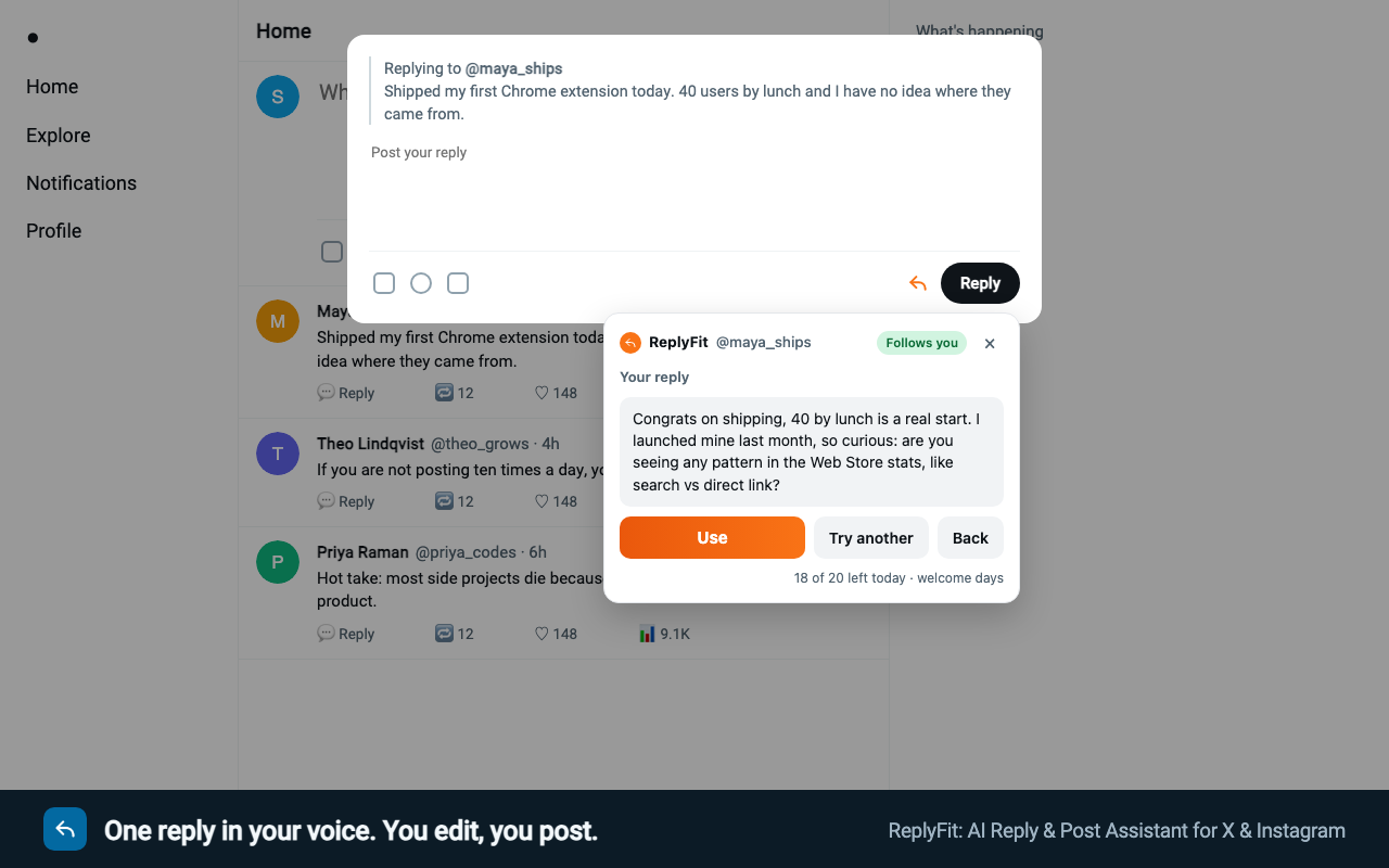 The ReplyFit panel showing one reply to a post with a Use button, Try another, and the drafts left today.