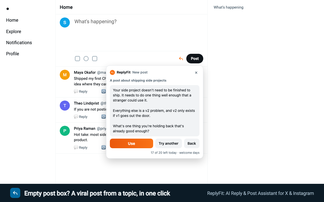 The ReplyFit panel under the empty “What’s happening?” box with a post about shipping side projects and a Use button.