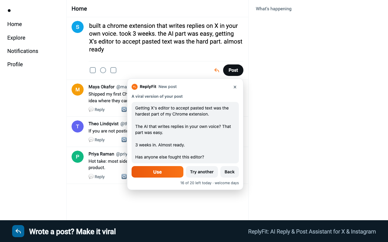 A rough post typed in the “What’s happening?” box, and the ReplyFit panel under it with a viral version of it and a Use button.