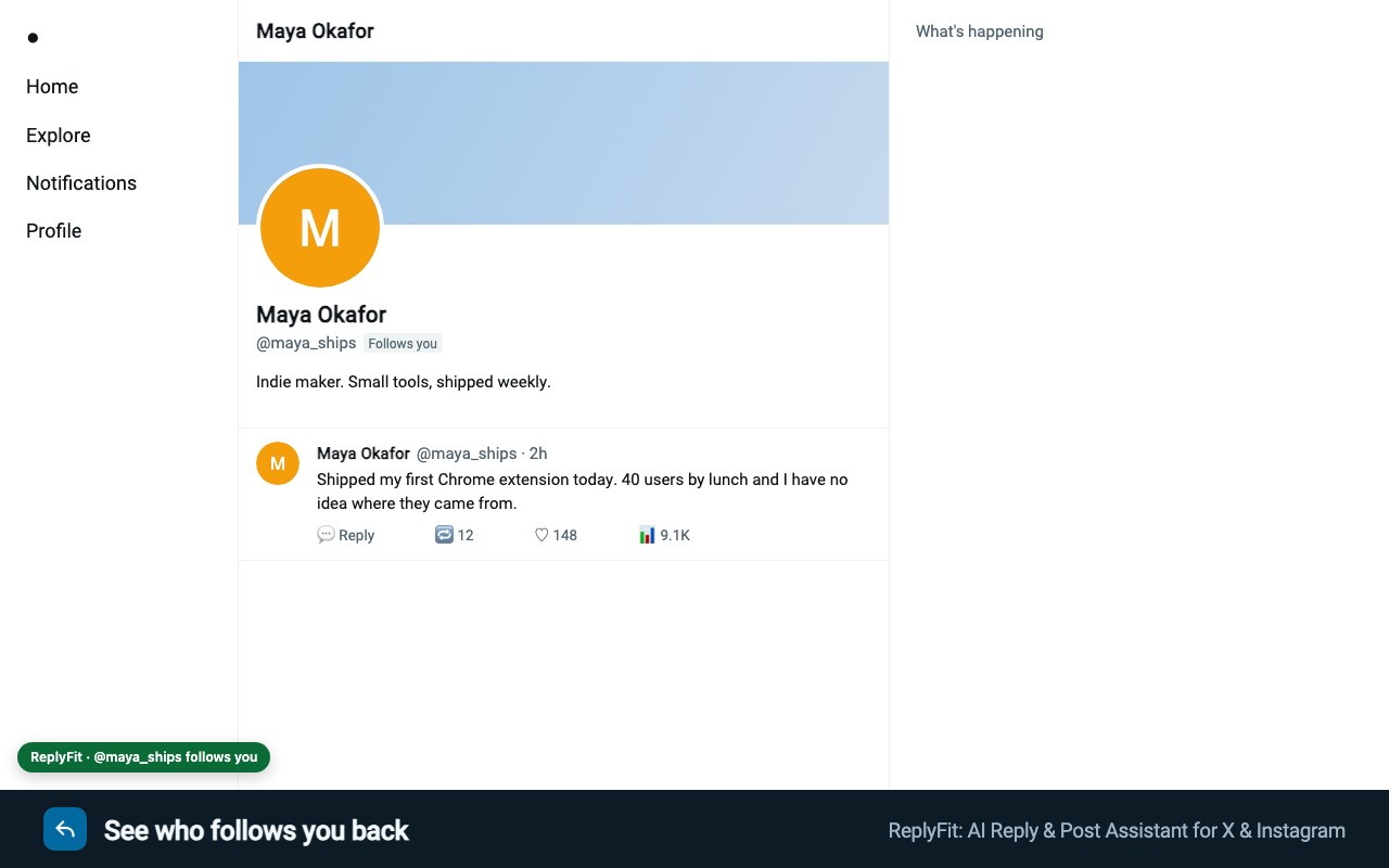 A profile page marked “Follows you”, with a ReplyFit note at the bottom: “@maya_ships follows you”.