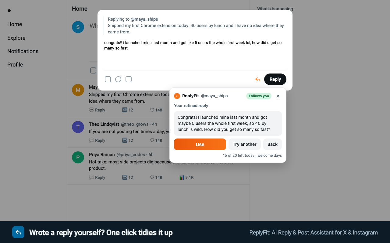 A reply typed in lowercase with “lol” and “u”, and the ReplyFit panel offering a refined version of it with a Use button.